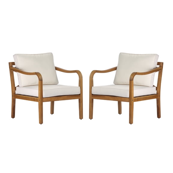 FFZ 2-Pc Acacia Wood Outdoor Club Chair Set with Curved Armrests and Cross-Back Design, Teak Beige