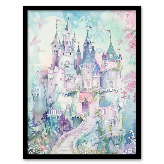 Artery8 Fairy Tale Princess Castle Pastel Colour Fantasy Nursery Kids Bedroom Art Print Framed Poster Wall Decor 12x16 inch