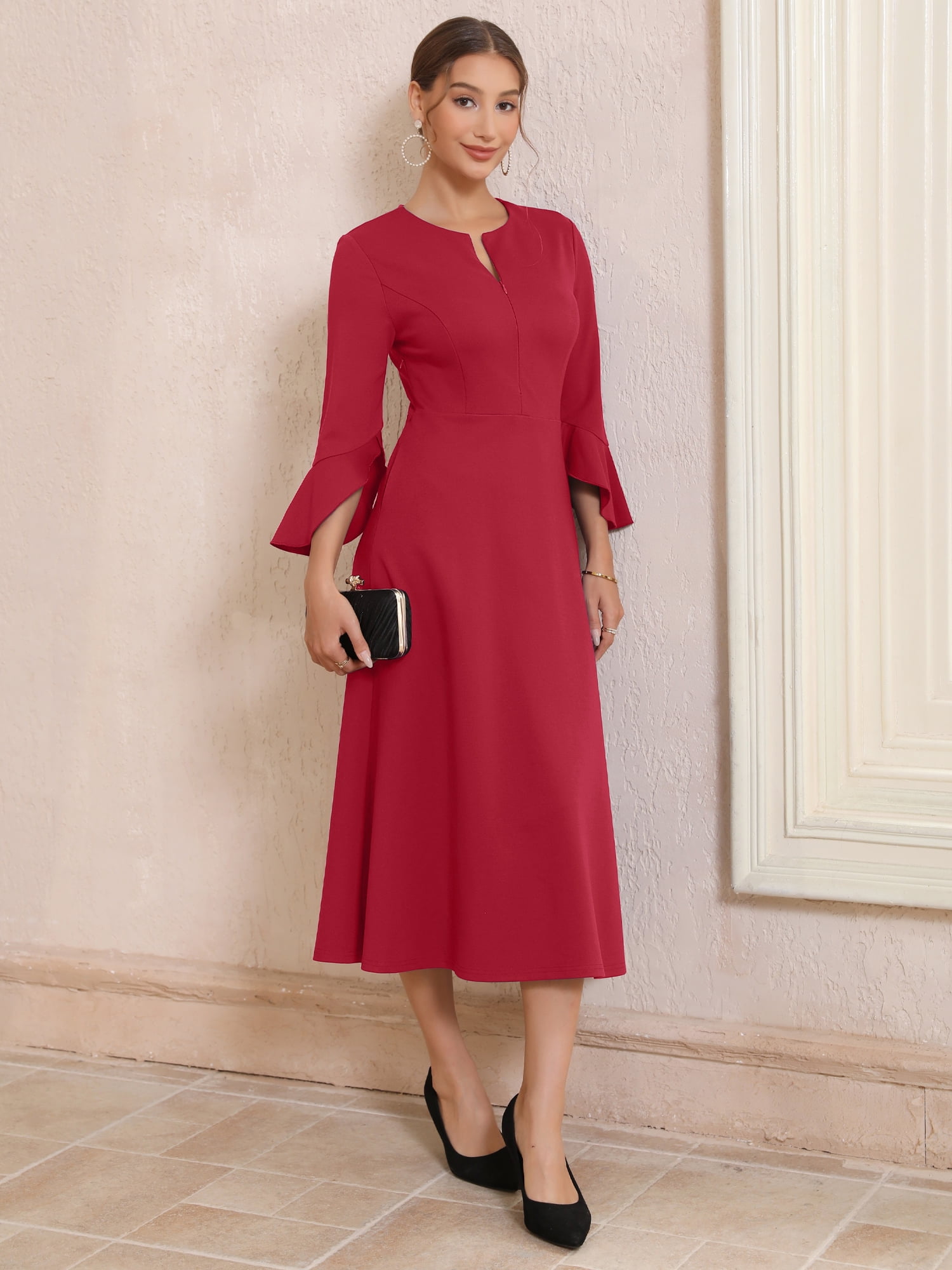 DARING DIVA Women's Zipper Front Bell Sleeves Midi A-Line Dresses 2XL Burgundy