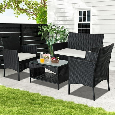 4 Piece Wicker Patio Set Upgrade Outdoor Patio Furniture Set with Glass Dining Table Loveseat & Cushioned Wicker Chairs Modern Rattan Conversation Set for Yard Porch Pool LLL1717