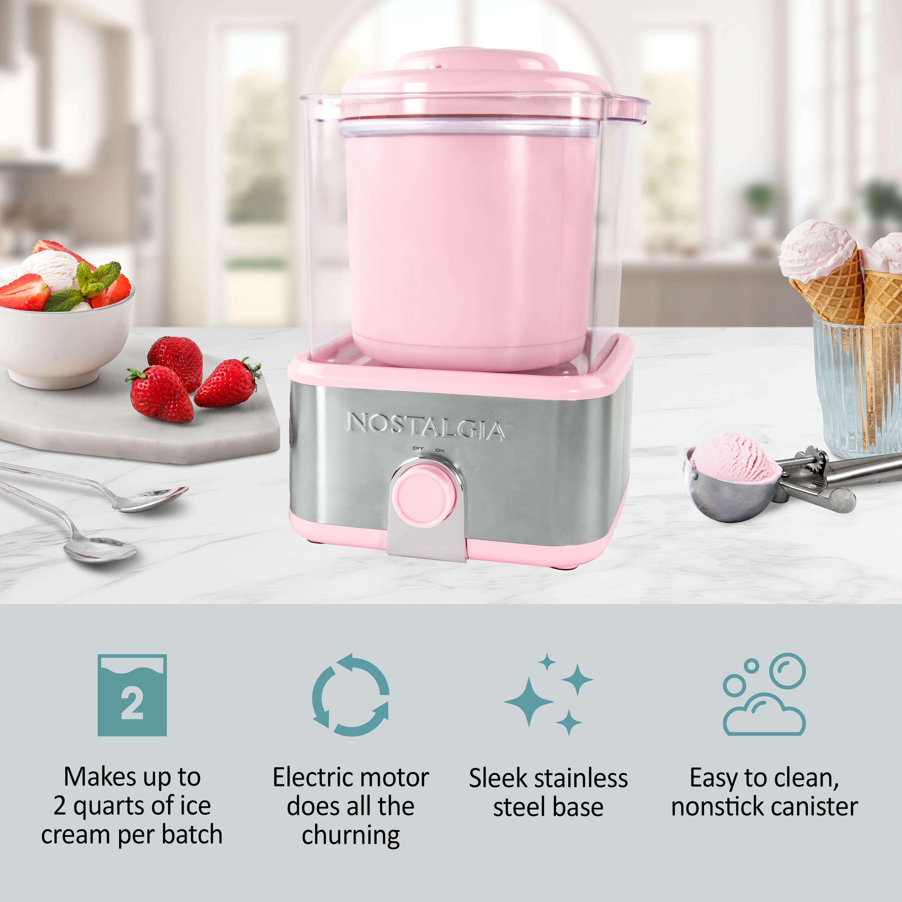 Nostalgia Electric Ice Cream Maker with 2-Qt Double Insulated Gel Canister & Stainless Steel Base - Makes Sorbet, Soft Serve, and Frozen Yogurt - Pink
