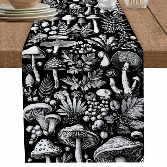 Vintage Grey Mushroom on Black Table Runner-70 Inch Long Idyllic Leaves Plant Table Runners Linen Burlap Tablerunner for Kitchen Dining Room Holiday Party