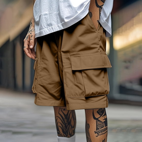 Vibrex Men's Cargo Shorts, Men's Solid Color Workwear Shorts Outdoor Casual Multi Pocket Five Quarter Pants,Men's 5-inch Inseam Shorts Coffee_2XL