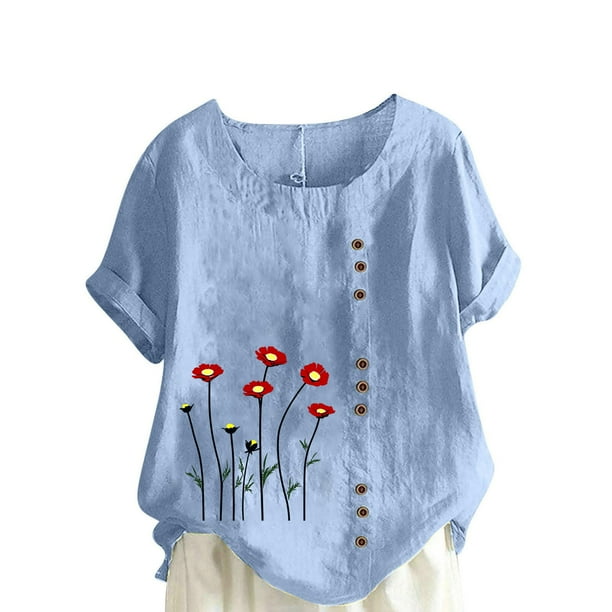 Vestidos Casuales Para Mujer, Blusas De Mujer De Moda Blusa informal de lino con cuello redondo, manga corta y botones para mujer