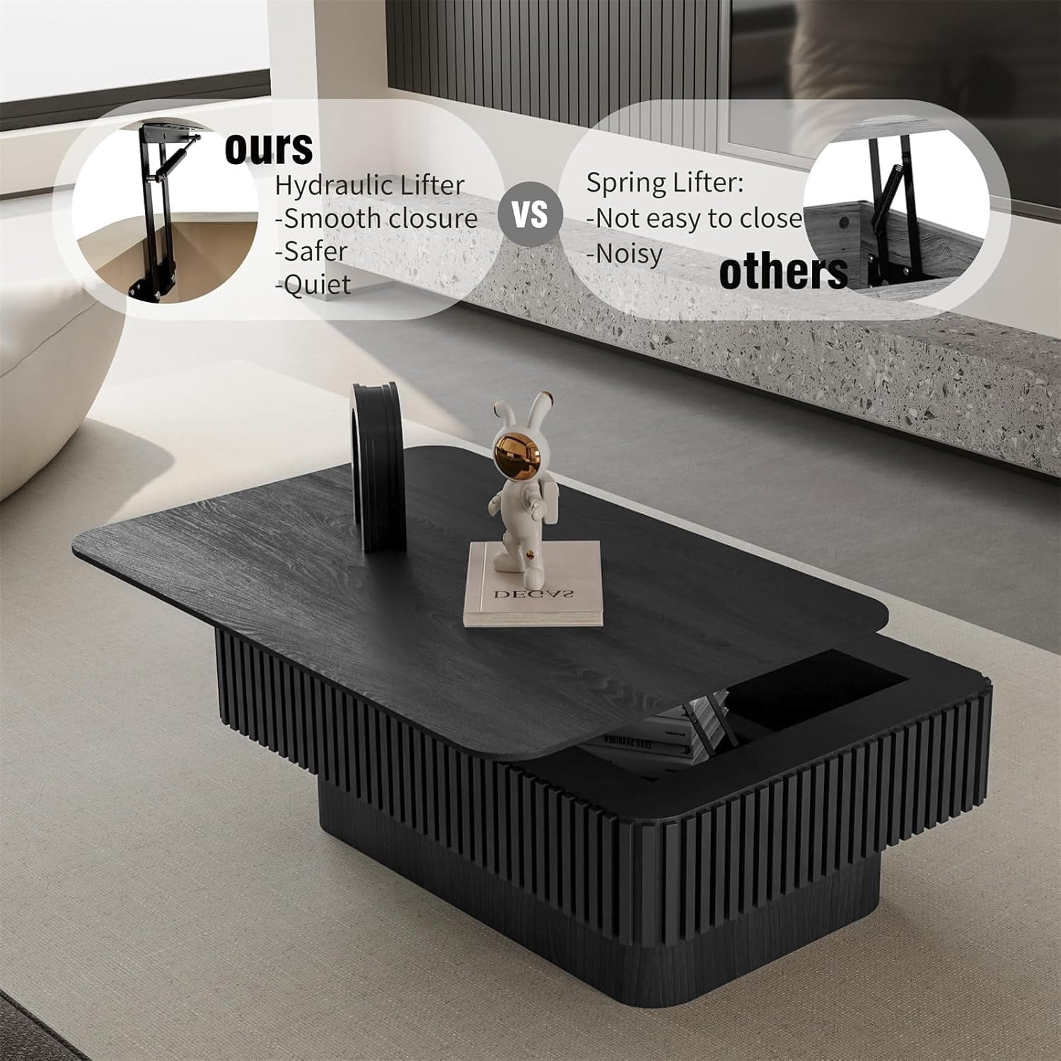 BMJDM Mid-Century Lift Top and Storage Solid Wood and MDF Coffee Table with Hardware and Installation Instructions, Black