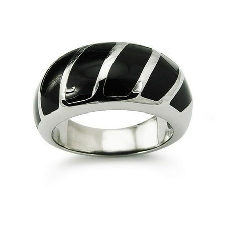 Stainless Steel Wave Ring - Stainless Steel Black Resin Wave Pattern Cocktail Ring