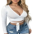 thumbnail image 2 of Femmes Sexy Slim Crop Tops Profonde V-Cou avant à Lacets Chemise de Base, 2 of 6