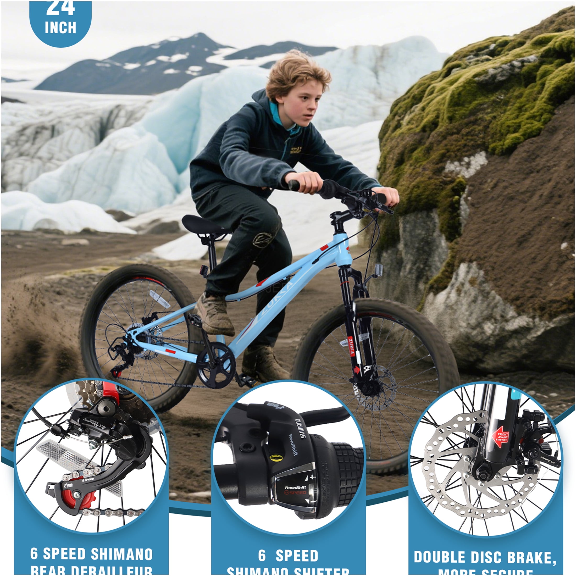 JERFIT 24 Inch Youth Mountain Bike for Boys and Girls, 6-Speed Shimano Gears, Steel Frame, Front Suspension Fork, Front & Rear Disc Brakes, Blue