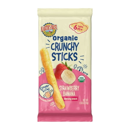 Earth's Best Organic Stage 2 Baby Snack, Strawberry Banana Teething Crunchy Sticks, 0.56 oz Bag