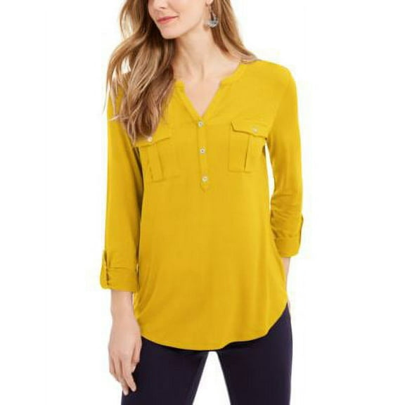 MSRP $50 Style & Co Plus Size Roll-Tab Buttoned-Neck Top Yellow Size 2X