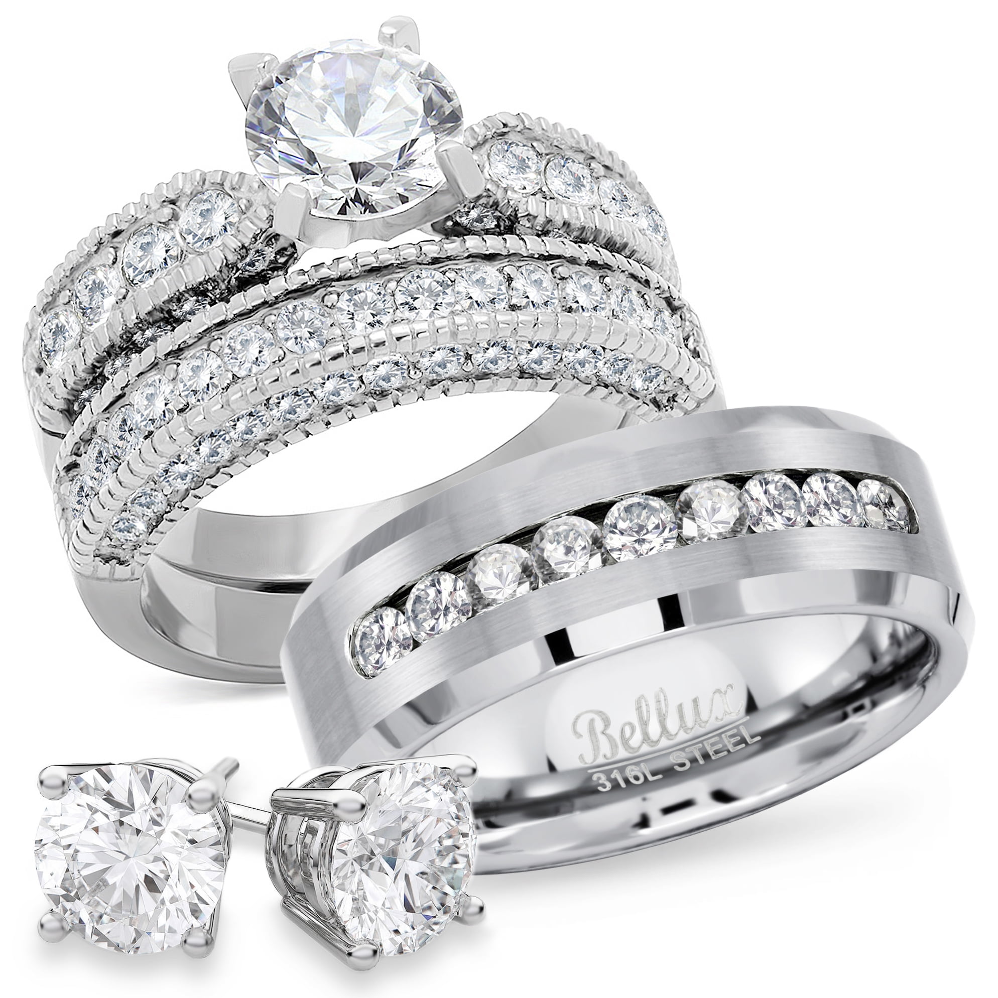 Details about   His & Hers Stainless Steel Princess CZ Wedding Ring Set Steel Men Band Stud 