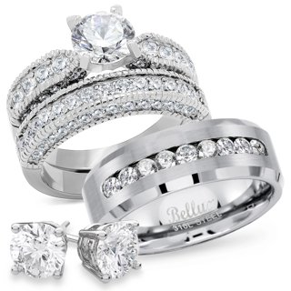 Hers And His Stainless Steel Princess Wedding Ring Set and Titanium ...