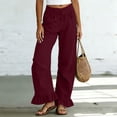 thumbnail image 4 of hlysgo Wide Leg Linen Pants for Women High Waisted Ruffle Hem Palazzo Pants Boho Summer Casual Loose Flowy Pant Trousers with Pockets Wine,2xL, 4 of 5