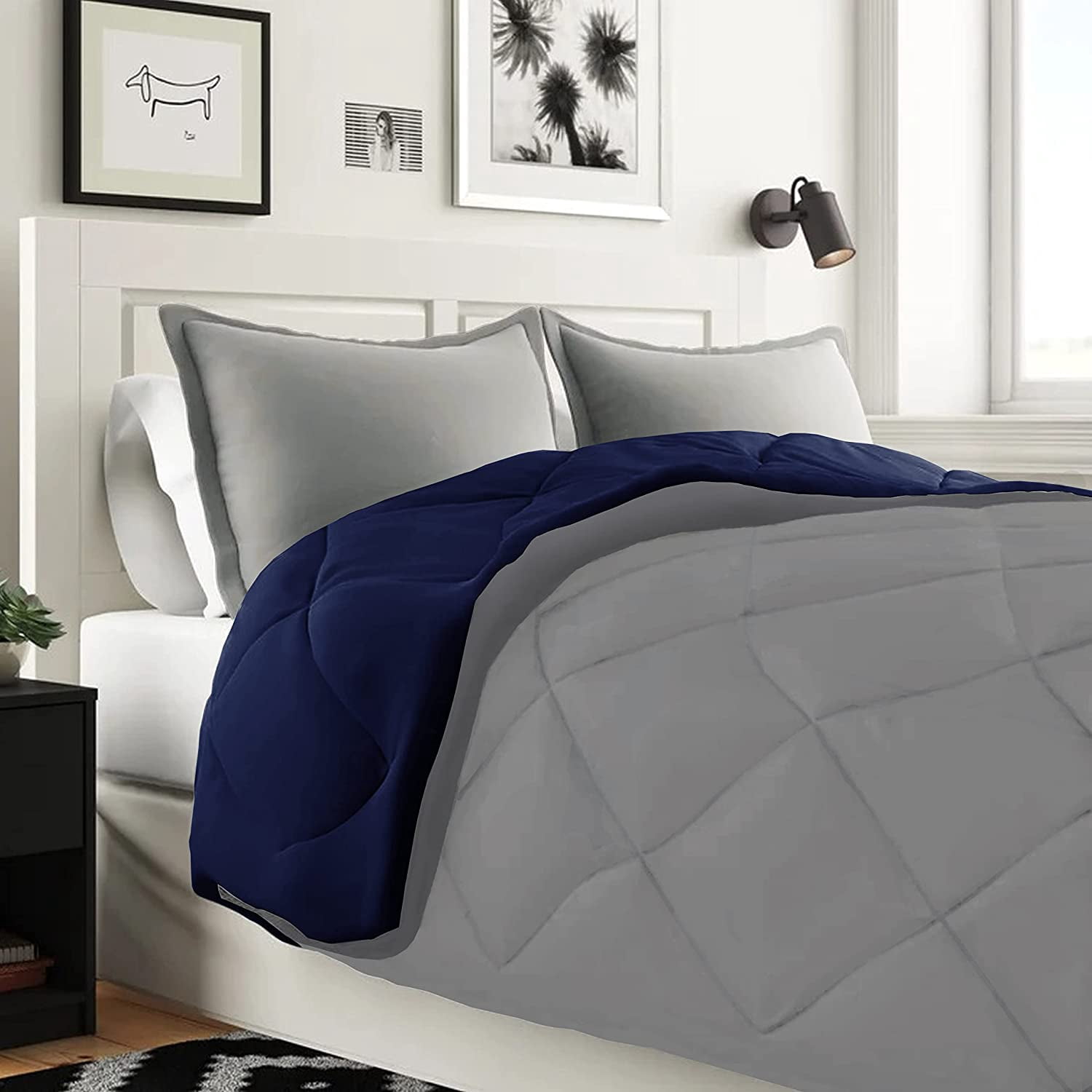 Elegant Comfort 7-Piece Bed-in-a-Bag Comforter and Sheet Set- 1500 Series 7-Piece Queen Size Bed-in-a-Bag, Bed Sheets and Comforter Set, Wrinkle and Stain Resistant, Silver/Navy