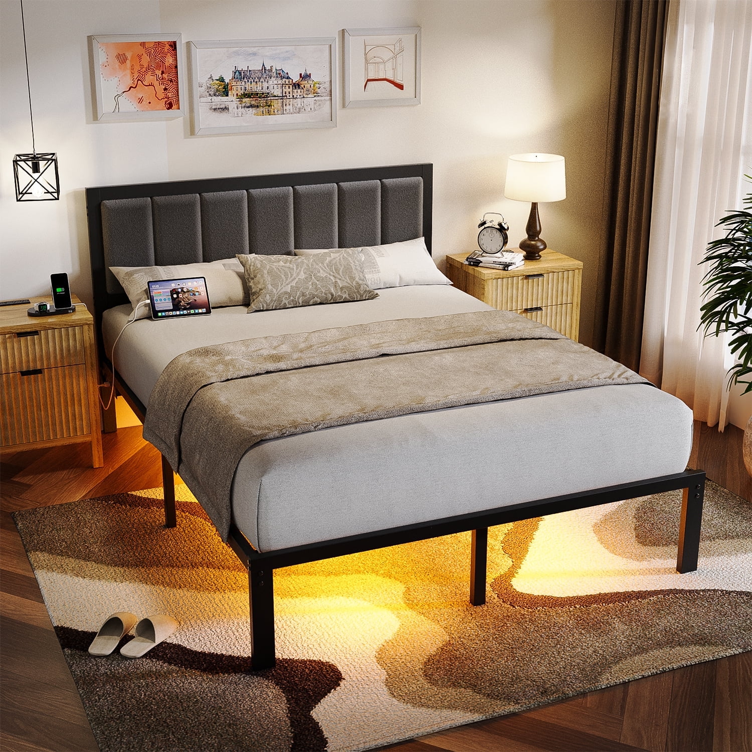 Kbun Queen Bed Frame with Headboard, Outlets and LED Lights, Heavy Duty Metal Platform with Storage Space Under Frame, No Box Spring Needed, Noise Free, Gray