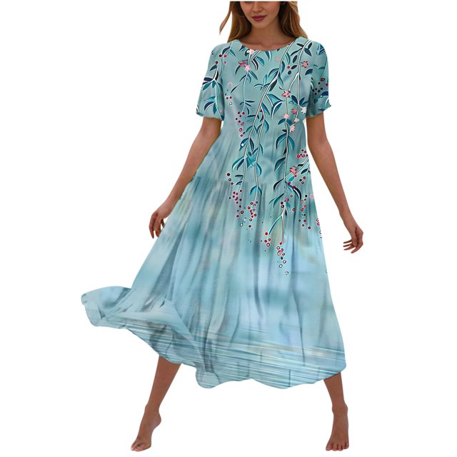 Hyknon Dresses for Women Robe Décontractée à Manches Courtes Imprimé Floral, Col Rond, Robe Maxi Fluide à Étages, Robe de Plage Décontractée, Douce et Ample