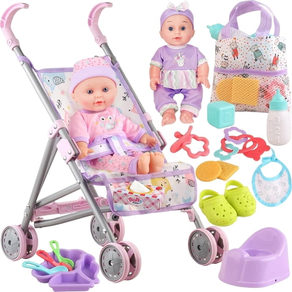 LINXUXIE 16 PCS Baby Doll Stroller Set, Realistic Pretend Play with 12-inch Doll, Birthday Gifts for Kids 3-5 5-8 Year Old