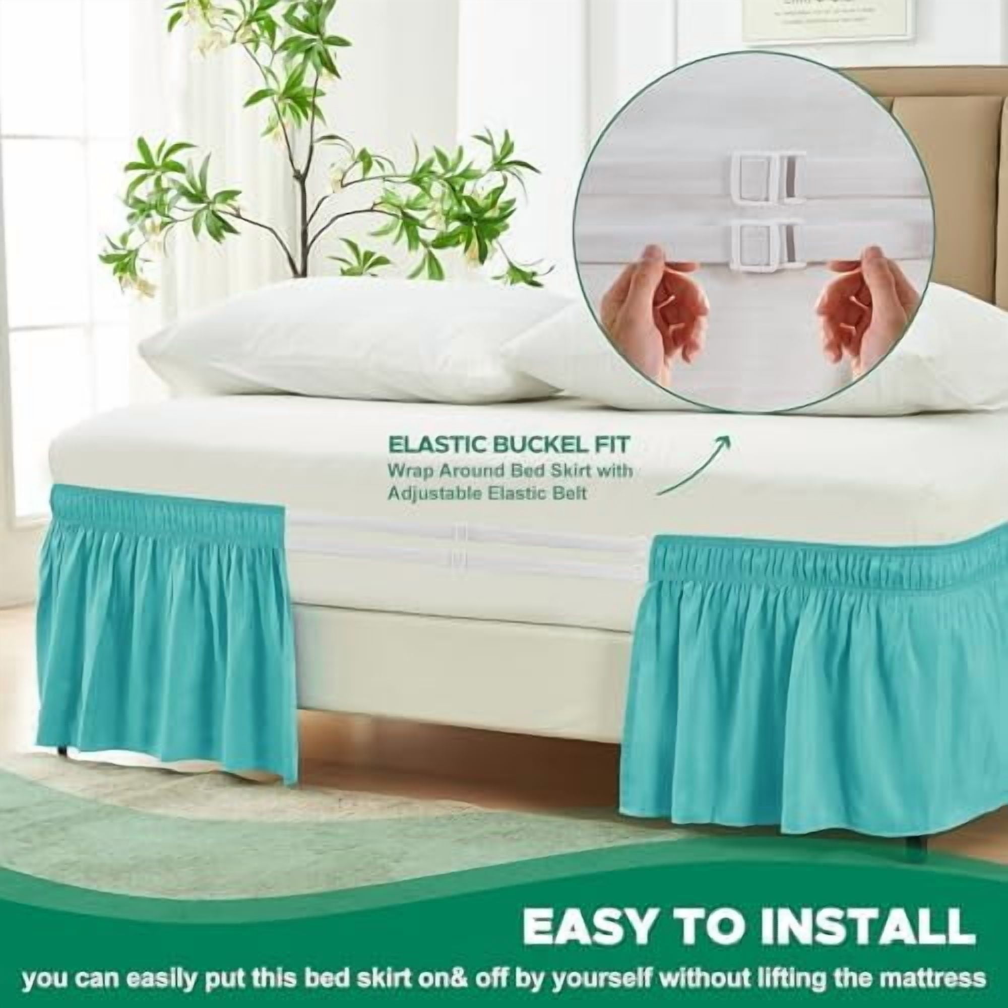 Wrap Around Bed Skirts for King & Cal King Beds with Short Drop of 12", Aqua Adjustable Elastic Dust Ruffles Easy Fit Wrinkle Resistant Silky Luxurious Fabric Machine Washable