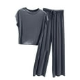 thumbnail image 2 of uublik Casual Summer Outfits for Women Casual Short Sleeve Pullover Tops and Drawstring Wide Leg Pants Lounge Sets Dark Gray, XL, 2 of 3