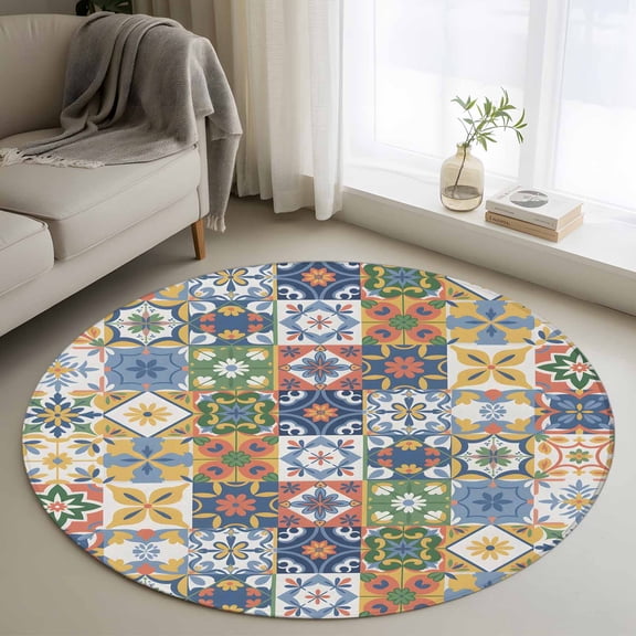 Round Rugs 3Ft, Vintage Mediterranean Round Area Rug Washable Indoor Throw Carpet, Blue and Yellow Tiles Texture Small Non Slip Circle Rug for Bedroom Living Room Home Decor Aesthetic