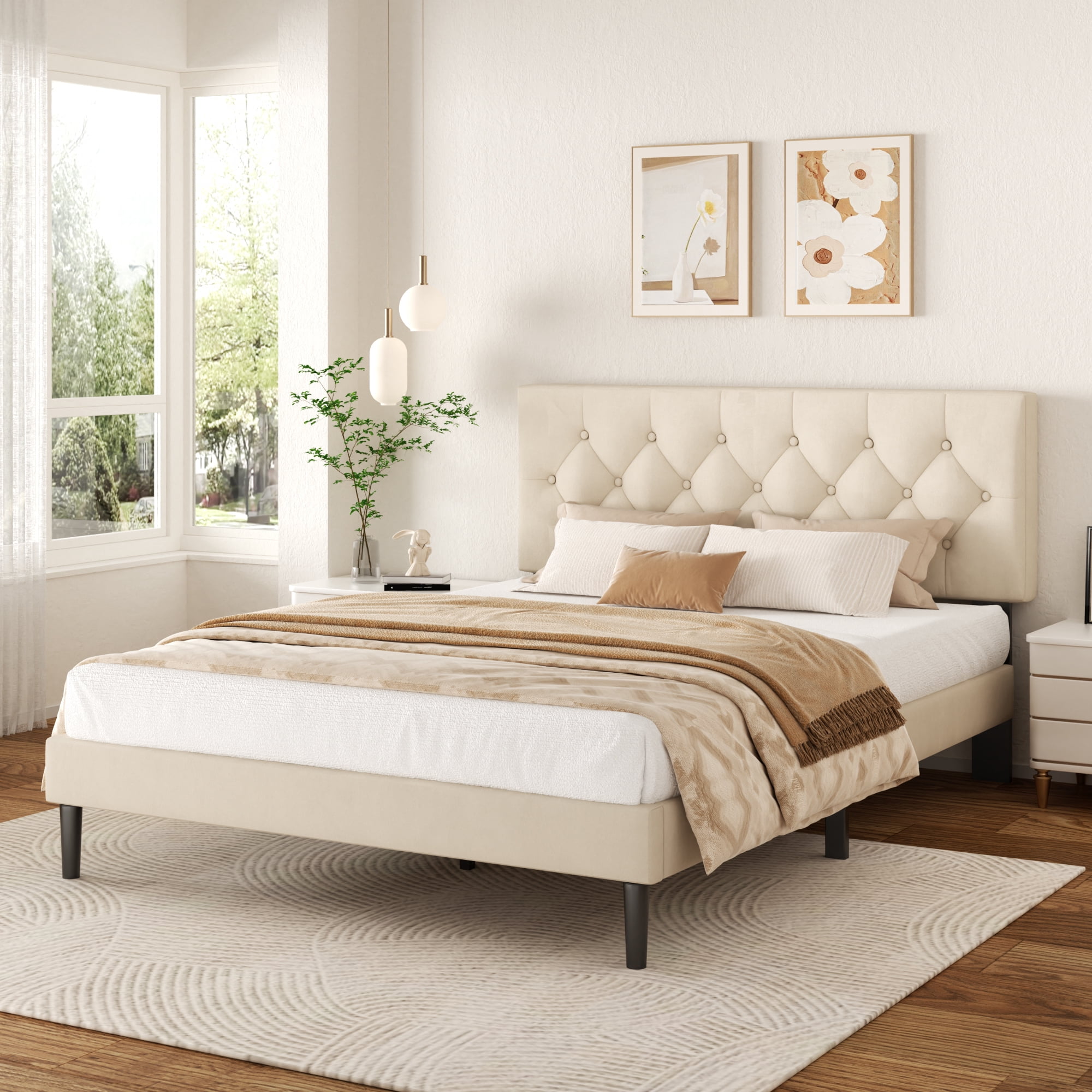 VIPLOV Full Size Bed Frame , Modern Fabric Upholstered Platform Bed Frame with Strong Wood Slat Support, Easy Assembly,Beige