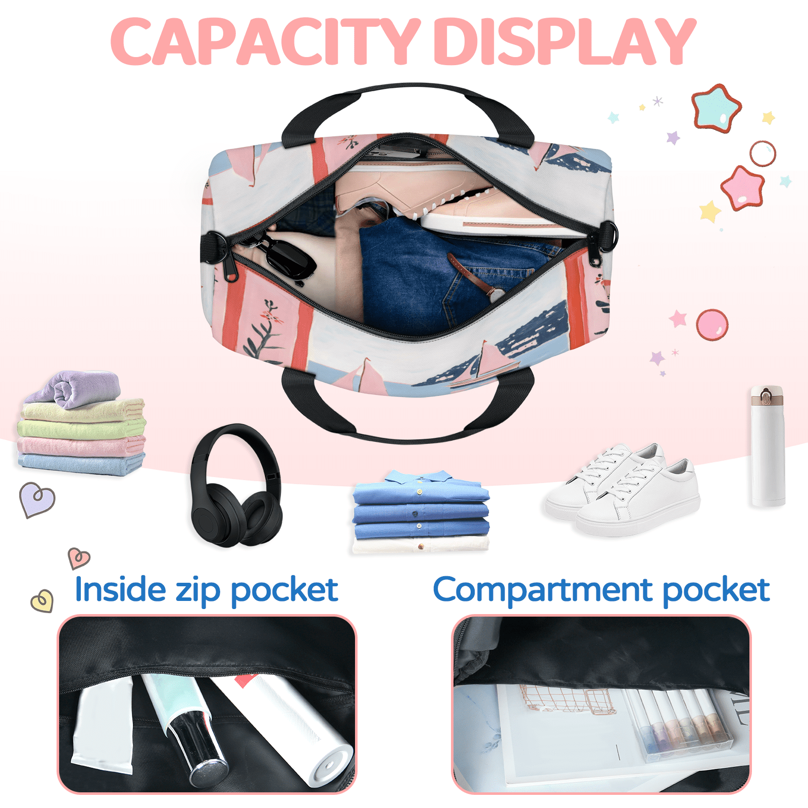 Herdesigns Cute Gym Bag for Women, Black Cat Duffle Bag for Travel Sport, Lightweight Waterproof Carry on Weekender Overnight Dance Yoga Workout Bags