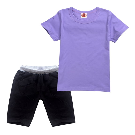 Ulitacool Outfits For Girl Summer Short Sleeve Round Neck Solid Color Tops Pants Charm Toddler Playsuit 3-4 Years Purple
