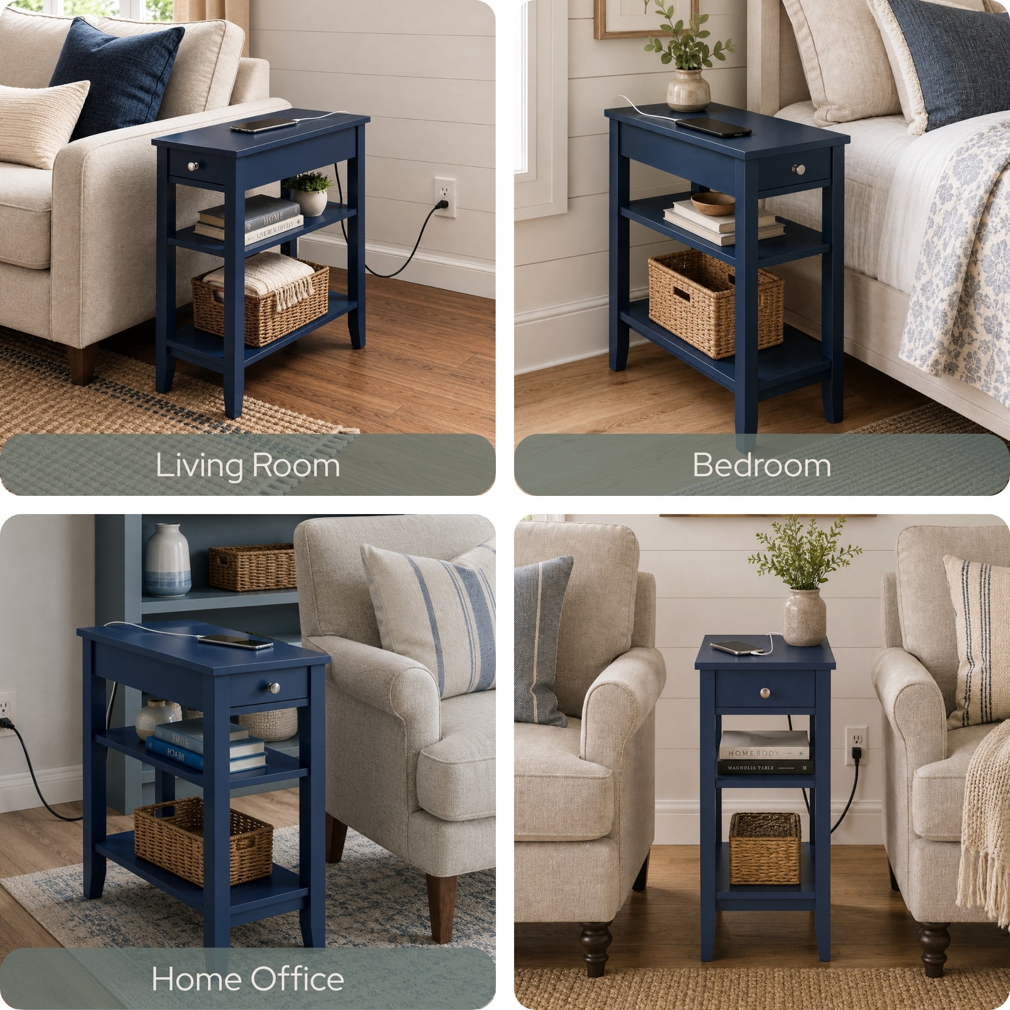 Convenience Concepts American Heritage 1 Drawer Chairside End Table with Charging Station and Shelves, Cobalt Blue