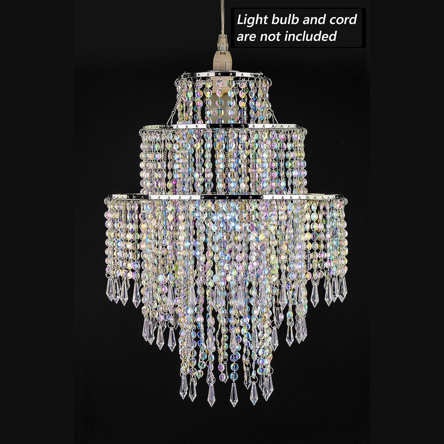Modern 3-Tier Beaded Chandelier Shade - Chrome Frame with Clear Acrylic Jewel Droplets - 12.6" Diameter Ceiling Pendant Light Fixture for Bedroom & Living Room