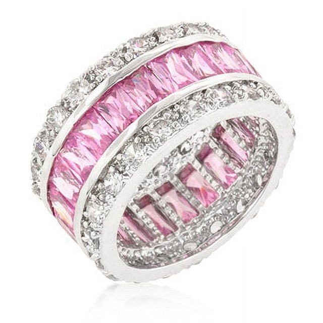 Precious Stars Silvertone Emerald and Round-Cut Pink Cubic Zirconia 3-Row Eternity Band