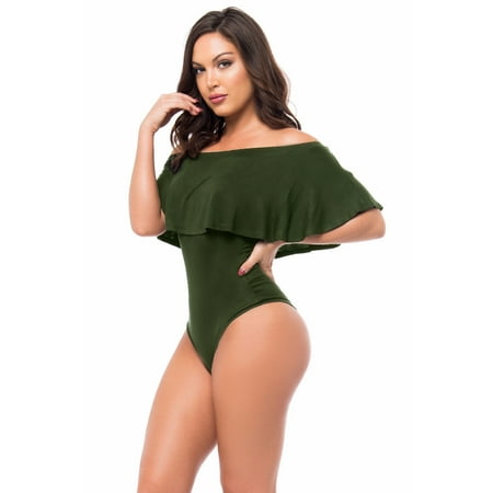 Sexy Bodycon Off-the-Shoulder Dacron One-piece Swimsuit for Women, Flouncing Overlay (Best Swimsuits For Water Aerobics)