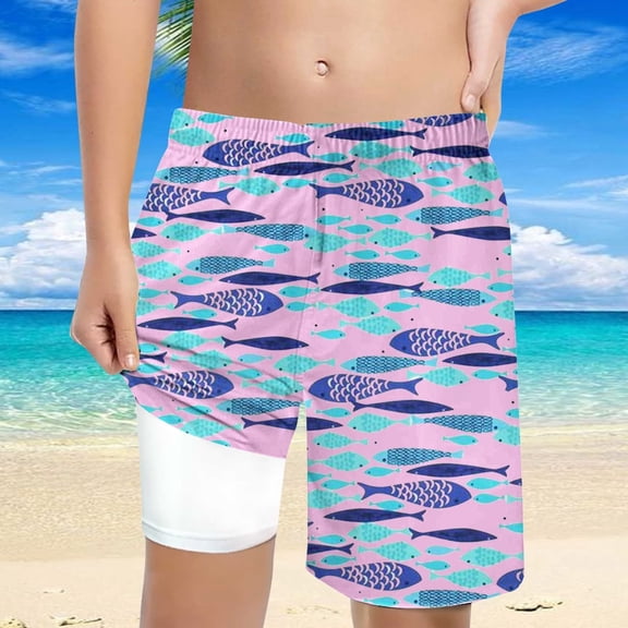 FUZHIQ Boys Swim Fish Print Trunks With Compression Liner Boy Bathing Suit Quick Dry Beach Swimsuit Toddler Swim Shorts,10-12 Years