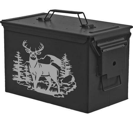 Steel Ammo Can Storage Box Ammunition Case Hunting Deer Trees Mountains (50cal Black)