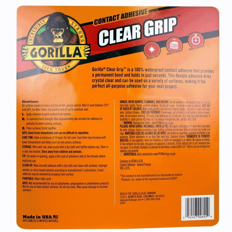 Gorilla Clear Grip Waterproof Contact Adhesive Minis, Four .2 Ounce Tubes,  Clear, (Pack of 6)