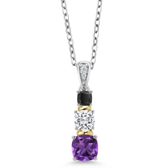 Gem Stone King 925 Silver and 10K Yellow Gold Diamond Pendant with Chain Amethyst Moissanite (0.99 Cttw)