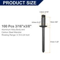 thumbnail image 2 of Uxcell 100Pcs 3/16"x3/8" Aluminum Blind Rivets, Dome Head Long Split Rivets, Black, 2 of 7