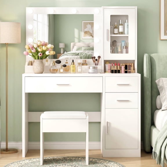 Vanity Desk with LED Lighted Mirror Outlet, 3 Lighting Colors Makeup Vanity Desk with 7 Storage Shelves and 3 Drawers, White Vanity with Storage Stool for Bedroom