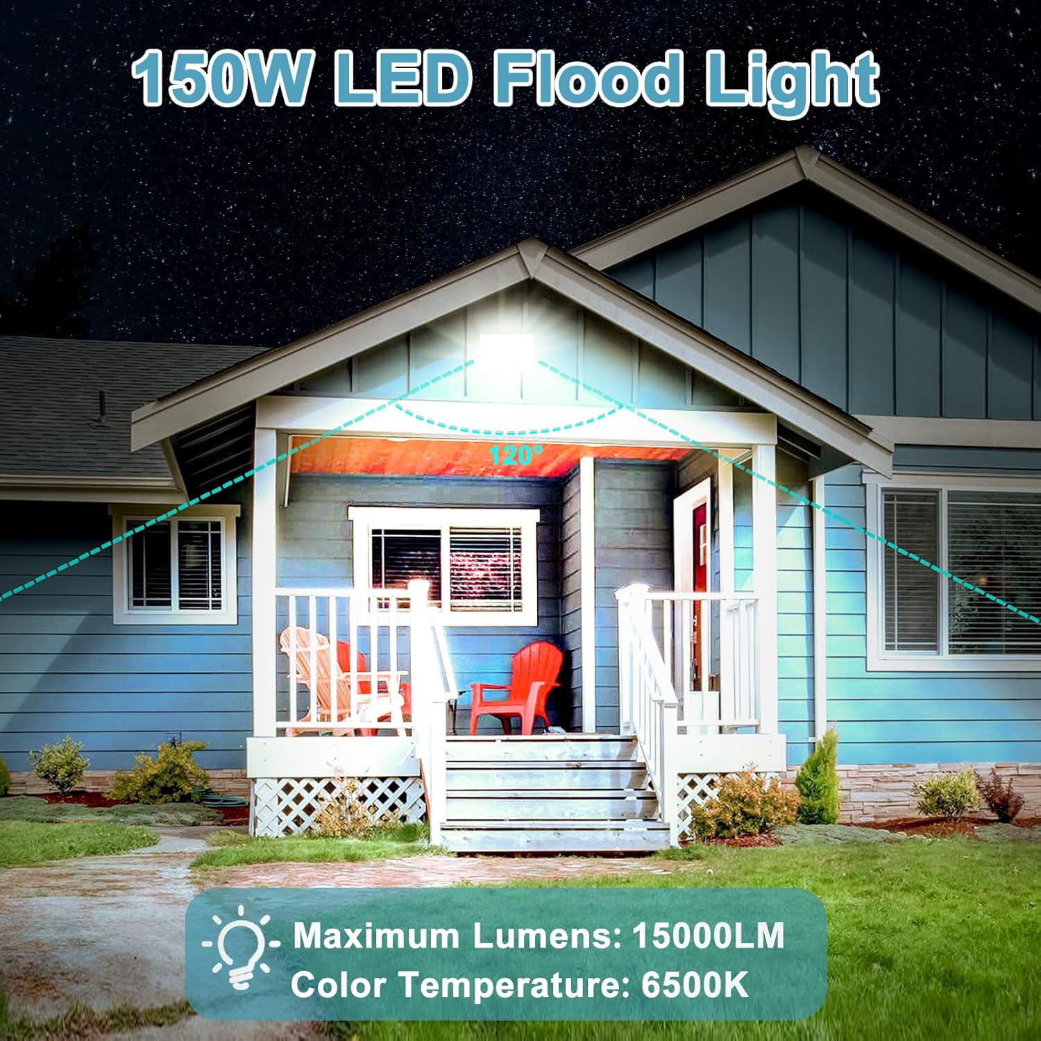 150W Flood Lights Outdoor, 12000LM Exterior LED Flood Light, IP66 Waterproof Security Light, 6500K Daylight White Floodlight