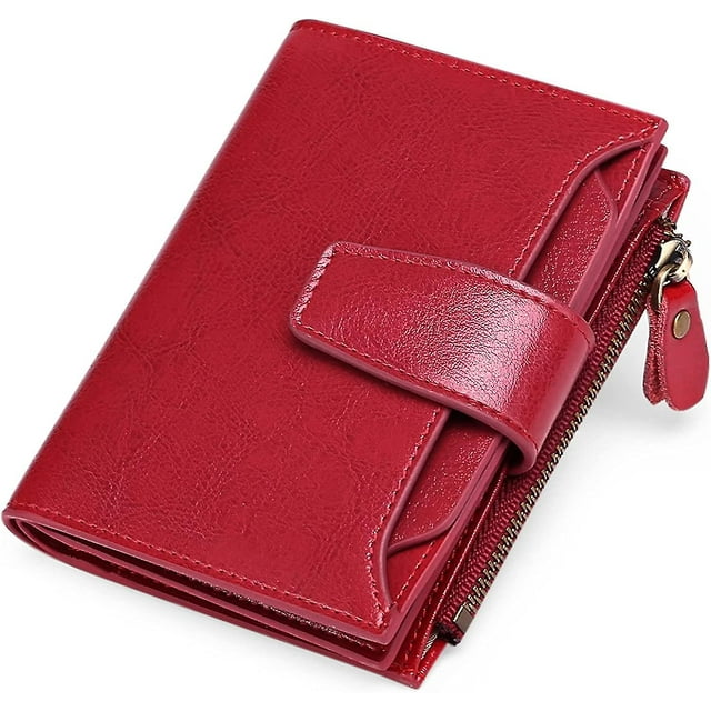 Cartera pequeña de mujer roja de piel auténtica con bloqueo compacto Cartera pequeña para mujer