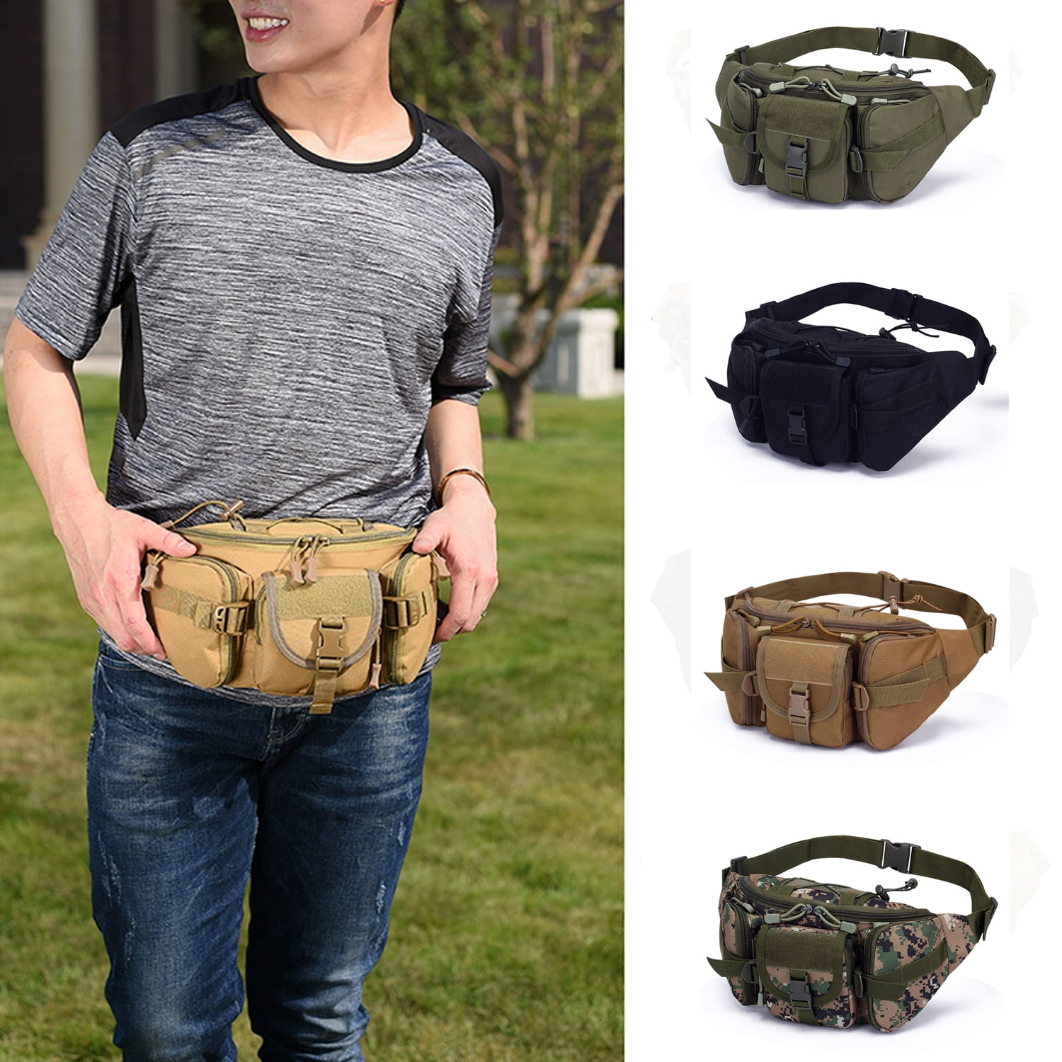 Tactical Fanny Pack-military Waist Bag Utility Hip Bags Belt Bumbag For  Outdoors Camping Cycling Hiking With U.s Patch And Extender Strap (1 Pack  Gree
