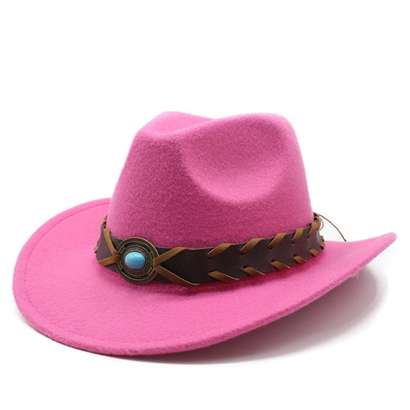 AJGRHE Classic Western Cowboy Hat Cowgirl Hat Unisex Men's & Women's Wide Brim Felt Fedora Hat Flat Top with Buckle Belt Hot Pink One Size