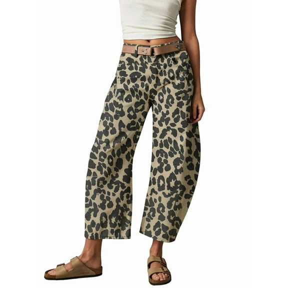 Jeans for Women Casual Mid Rise Leopard Printed Wide Leg Baggy Cropped Denim Trouser Ankle Pants Black S