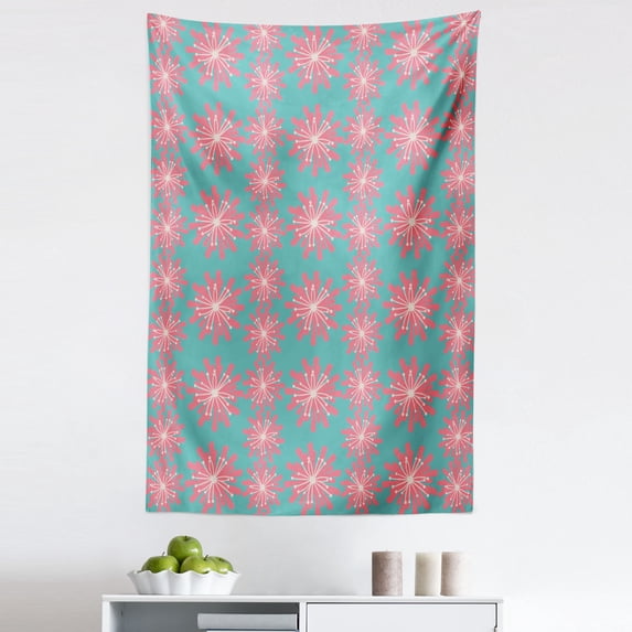 Outdoor Tapestry, Germinating Plants Wildflowers Twigs Sprouts Buds Lively Rustic Patio Print, Fabric Wall Hanging Decor for Bedroom Living Room Dorm, 5 Sizes, Teal Pink White, by Ambesonne