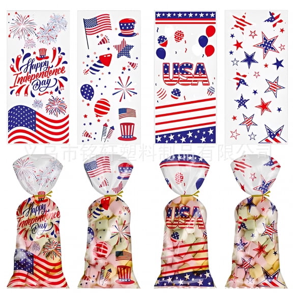 CCOCC 2026 New 100Pcs Clear Candy Bags Plastic Candy Bags for Party Favors with American Flag Print Goodie Bags for Independence Day Decorations