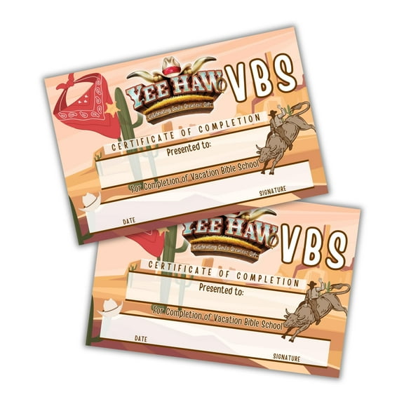 VBS YeeHaw Country Cowboy Certificate of Completion 50pk 6x9 Farm Vacation Bible School Award Participation Camp Horses Ranch