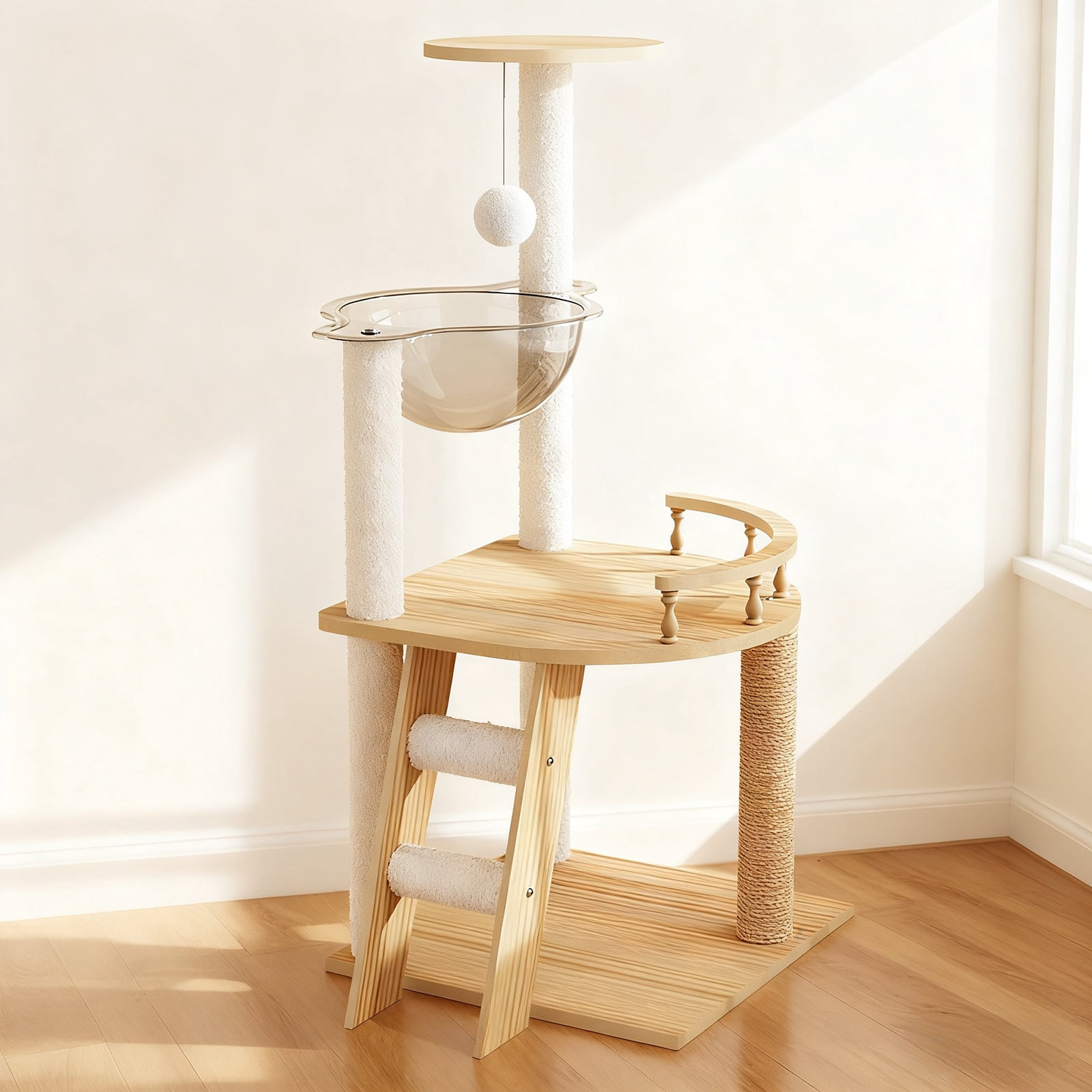 Cat Tree, 41.3 Inch Modern Cat Tower With Sisal-Covered Scratching Posts, Acrylic Hammock and Top Perch, Wood Cat Condo for Indoor Cats, Natural and White