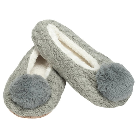 Ballerina Knit Pom Womens Plush Lined Cozy Non Slip Indoor Soft Slipper - Grey, Large