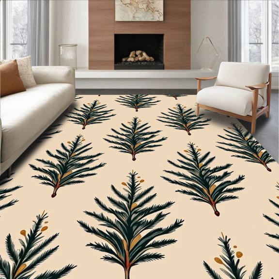 ODIKA 4'x6' Machine Washable Non-Slip Area Rug, Vintage Yuletide Pine Bathroom Holiday Celebration High Traffic Rug, Beige, 653185