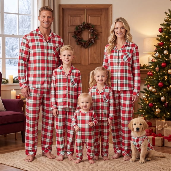 Christmas Family Pajamas Matching Set with Dog Lapel Neck Button Tops Pants Sleepwear