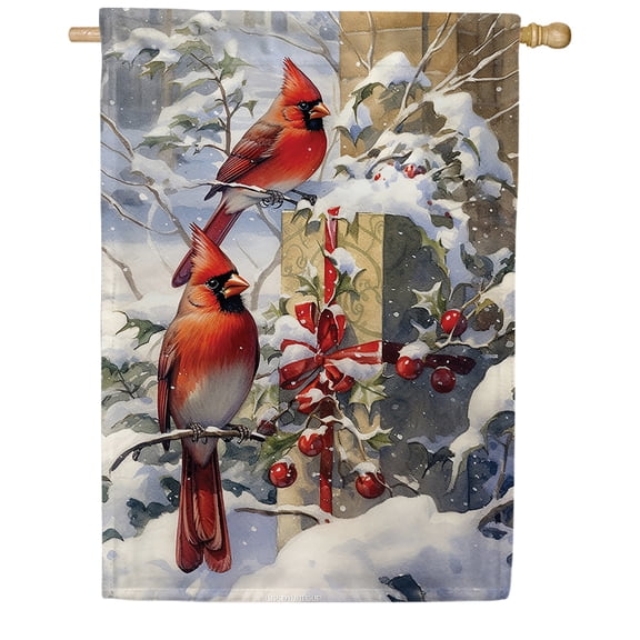 America Forever Cardinal Snow House Flag, 28 x 40 inch Double Sided, Cardinal Delivery Banner, Winter Bird Branches Outdoor Decor, Holiday Outside Decorations Yard Flag